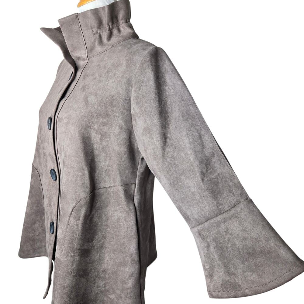 Damee Mock Funnel Neck Micro Faux Suede Jacket Taupe Brown Medium A-Line Swing - Picture 3 of 9